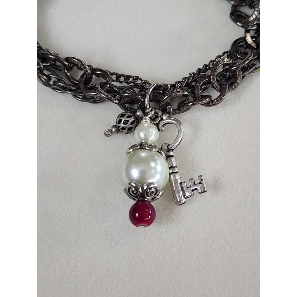 MADE WITH LOVE Signed T Charm Bracelet Multi-Strand Key Faux Pearl Gunmetal Grey